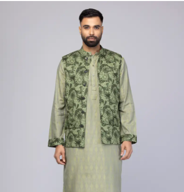 Green Textured Handloom Cotton Panjabi Pajama Set